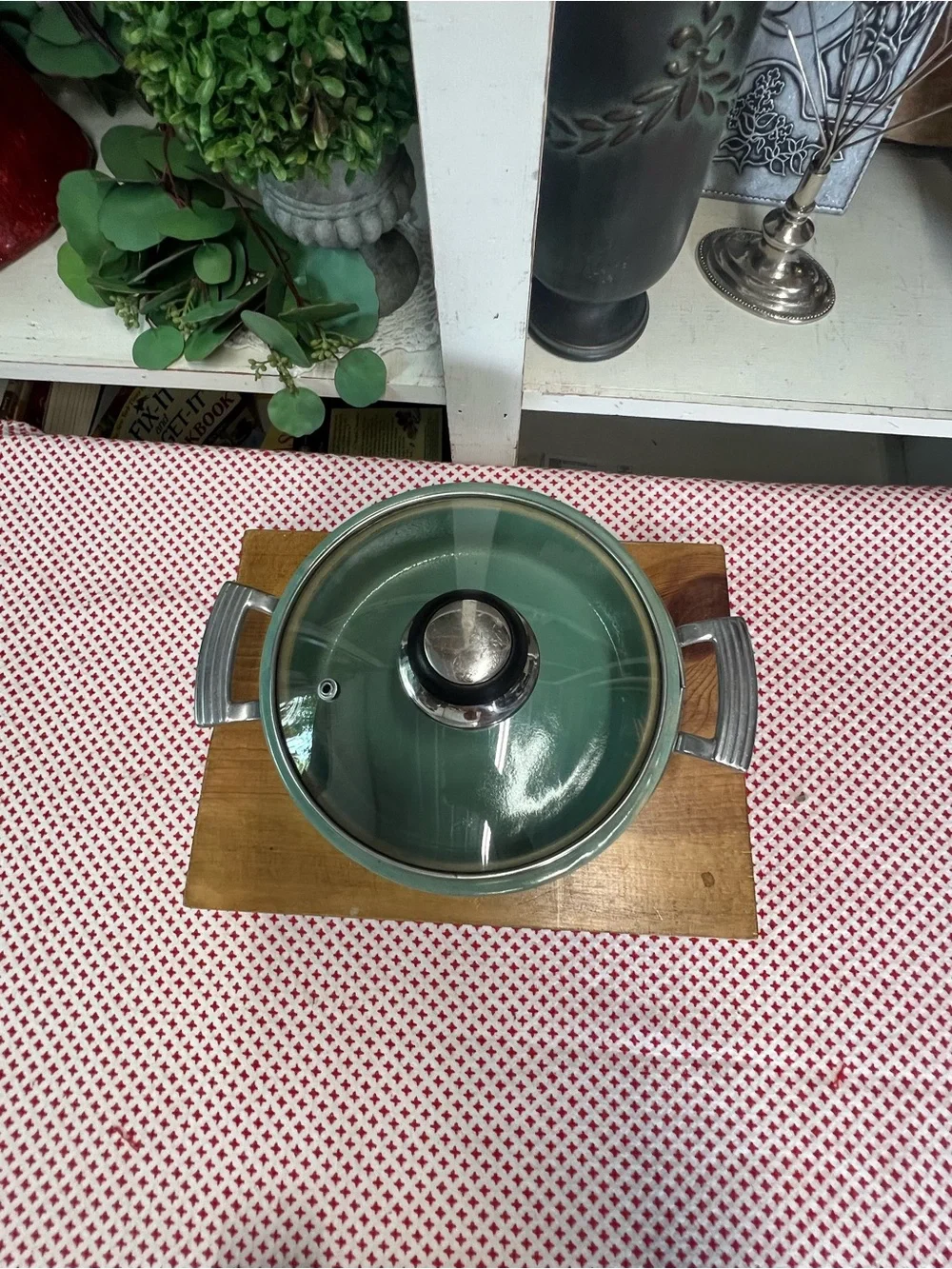 Vintage oven proof USA stoneware dish with metal holder grandma core cookware